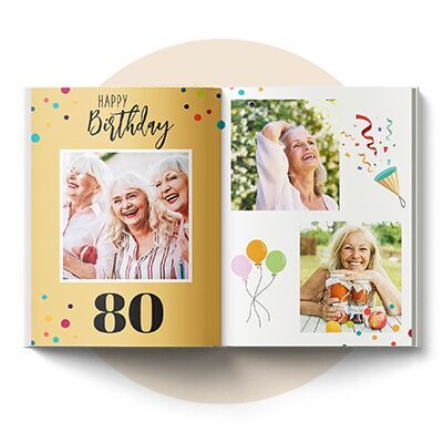 Otwarta fotoksiążka na 80. urodziny. Po lewej stronie złote tło, napis "Happy Birthday" i 80, po prawej zdjęcia uśmiechniętej seniorki.